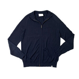 Bruun & Stengade Sweater Mens M Medium Navy Knitted Full Zip Mock Neck Cardigan